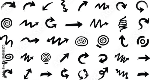 Brush stroke arrow collection rough grunge black directional pointers spiral symbols set.