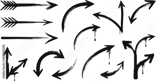 Black grunge arrows set hand drawn style ink drips pointers direction symbols sketch