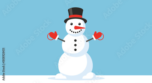 A cheerful cartoon snowman wearing a black top hat and red mittens standing in the snow against a blue sky.