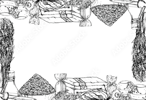 Lavender seeds heap, cosmetic set with soap bar, bath bomb, towel, essential oil bottle. Isolated border frame illustration hand drawn in vector ink. Spa salon label, skincare wellness collection