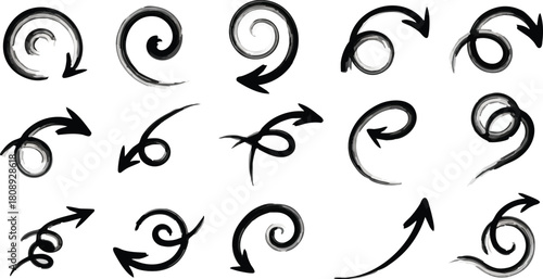 Collection of artistic spiral swirl arrows drawn with thick brush strokes and ink effect