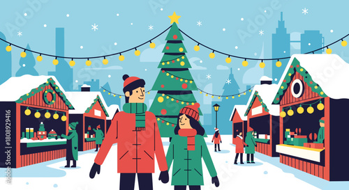 A couple in warm winter clothes walks through a festive outdoor Christmas market with decorated stalls and a large tree.