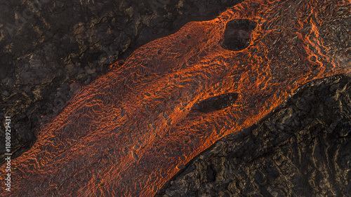 Aerial view of fiery rivers of molten lava snaking through the stark, rugged landscape, a dance of destruction and creation, Reykjanes, Grindavikurber, Iceland.