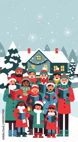 A festive illustration of a diverse group of carolers singing in front of a snow-covered house.