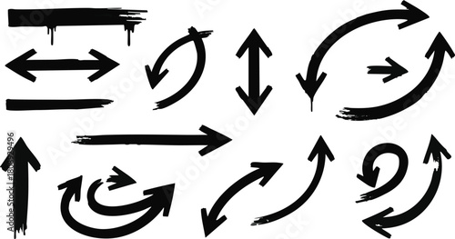 Various brush stroke direction arrows set black symbols isolated on transparent background