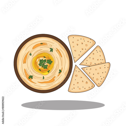 Cartoon Illustration of Hummus with Olive Oil and Triangular Pita Bread