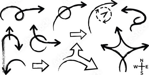 Collection of sketched navigational elements including compass rose pointer arrows and swirls.