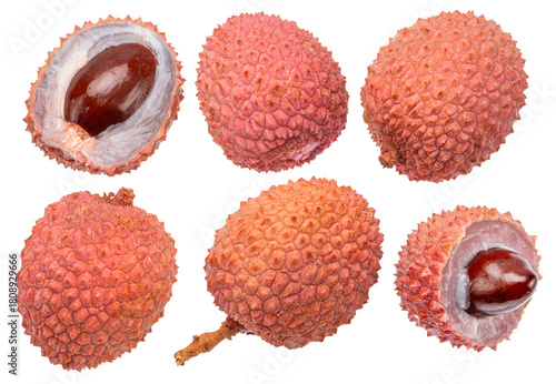 Set of lychee fruits and lychees cut in half isolated on white background. File contains clipping paths.