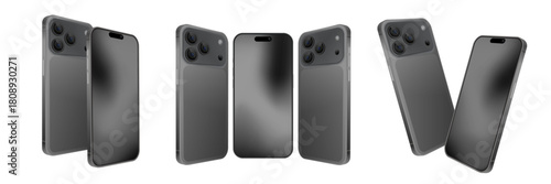 3D Realistic Smartphone Mockup – Grey Mobile Phone Front, Back and Side View with Triple Camera | Vector Isometric Device Illustration