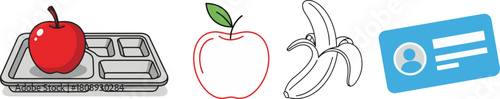 Flat design vector elements: apple, banana, lunch tray, and ID card.
