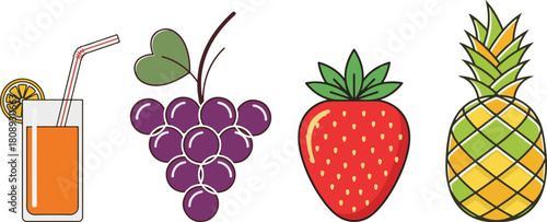 Colorful Flat Design Vector Illustrations of Fruits and Juice on White