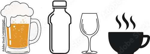 Minimalist Beverage Icons Collection with Beer Mug, Bottle, Glass, and Coffee Cup