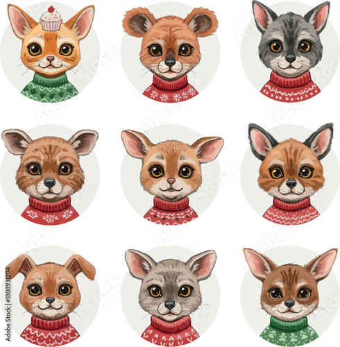 Collection of cute cartoon fennec fox, dog, and cat animal faces in sweaters