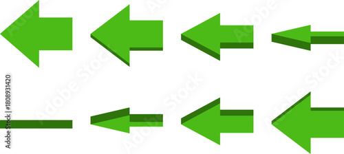 3D Style Sprite Sheet Set of Rotating Green Arrow Pointing Left Button Sign Icon Symbol for 2D Game or App Animation. Vector Image.