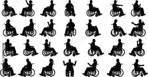Wheelchair user silhouette collection, diverse seated poses of disabled people, detailed black vector illustration for accessibility, mobility, healthcare, and support design
