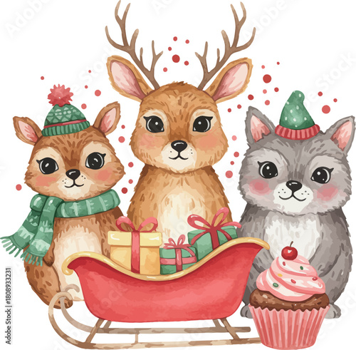 Cute festive woodland animals, sleigh with gifts and cupcake, watercolor art