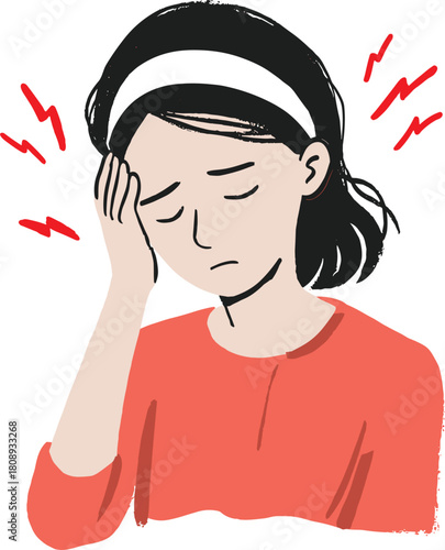 Woman suffering severe headache or migraine, painful stress symptoms, hand touching temple, illness health concept, vector illustration