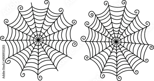 Two spooky spiral spiderwebs with ornate edges, Halloween background decoration, creepy gothic border, isolated vector illustration