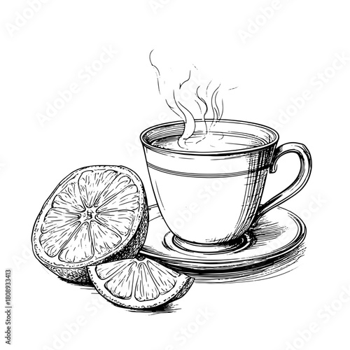 A cup of hot tea on a saucer with a slice of lemon, a black and white sketch. Vector illustration. The circle is isolated on a white background. Tea party and coffee shop13