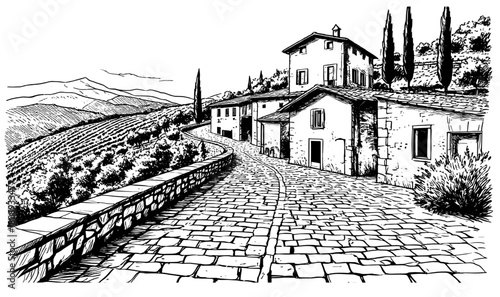 The cobbled streets of Italy. Stone villa, cypress trees and hills. Vector illustration. The sky with clouds and stone houses with tiled roofs93