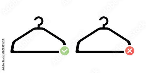 A hanger with a cross and a check mark on a white background. Hanger symbols.