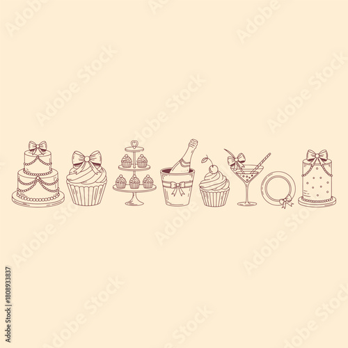 Hand drawn line art celebration desserts and drinks on pale yellow background cake cupcake