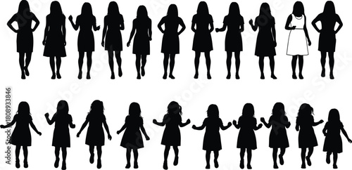 Woman and girl silhouette collection, standing and walking poses, detailed black vector illustration for fashion, people, lifestyle, female character design