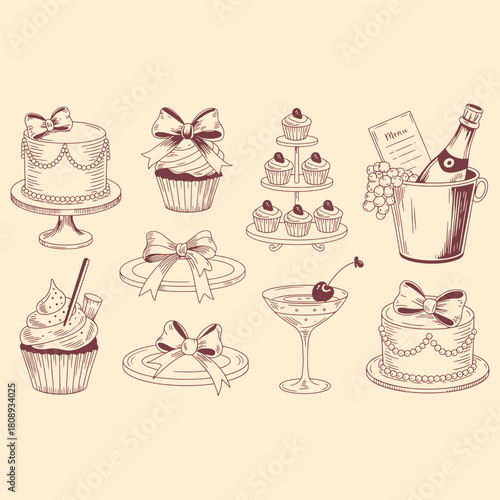 Hand drawn cakes cupcakes cocktail bottle and grapes on beige background dessert sweet
