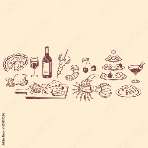 Hand drawn food and drink assortment including pizza wine cheese seafood and dessert vector