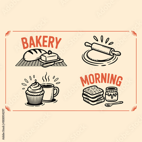 Four hand drawn illustrations of bakery items and morning food with text bread butter