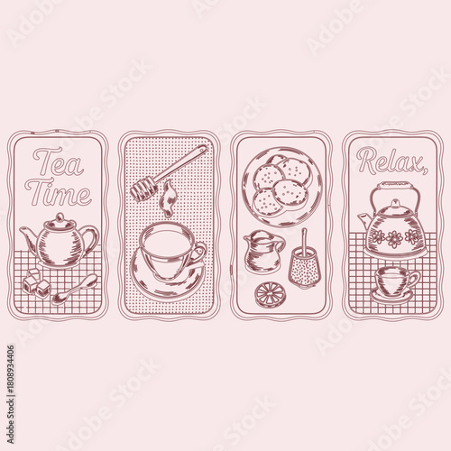 Four framed illustrations of tea time scenes with text Tea Time and Relax drawing sketch