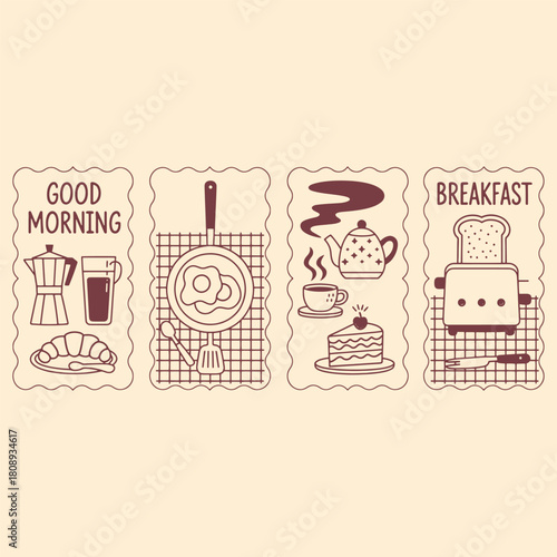 Four panels depicting breakfast items coffee moka pot croissant fried egg teapot cake and toaster with toast