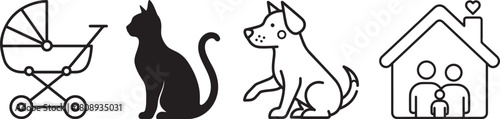 Monochromatic Silhouette and Line Icons for Family and Animals