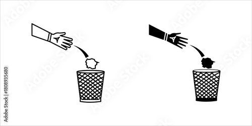 hand-throwing-trash-into-bin-icon set. A clean black-and-white icon depicting a hand throwing a crumpled paper into a waste bin. Simple, minimalistic, and perfect for recycling, waste management, 