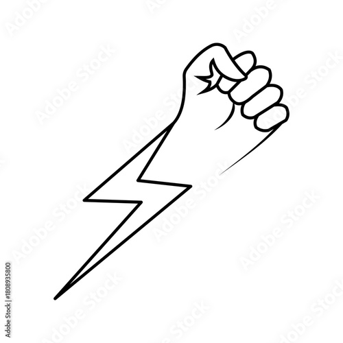 power-fist-lightning-icon Black outline icon of a raised fist combined with a lightning bolt, symbolizing strength, energy, power, determination, resistance, motivation, and impactful action.