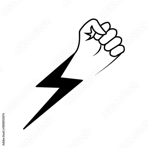 power-fist-lightning-icon Black outline icon of a raised fist combined with a lightning bolt, symbolizing strength, energy, power, determination, resistance, motivation, and impactful action.