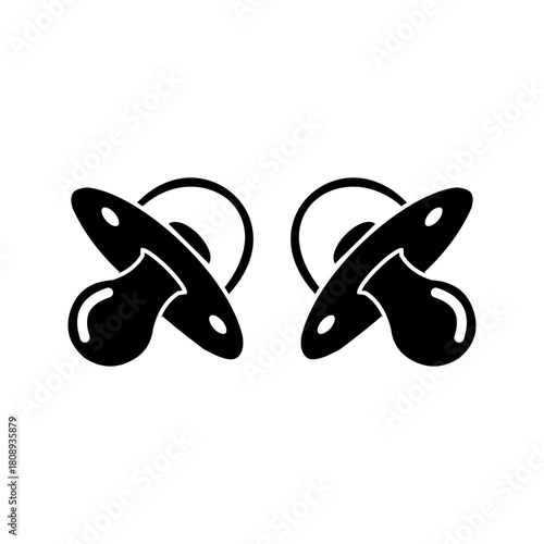 baby-pacifier-twins-icon  Black silhouette icon of two baby pacifiers side by side, symbolizing newborn care, baby accessories, infant comfort, twins, parenting, and childcare essentials.