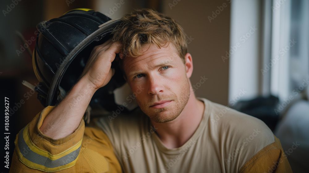 Obraz premium A firefighter removing their helmet after a long night shift, soot-covered and exhausted, sacrificing rest and comfort to protect their community — heroic resilience, public service, and real-life