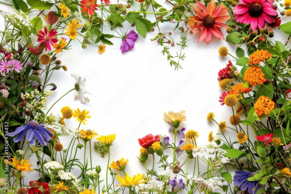 Obraz premium Wildflowers of various colors creating a beautiful frame on a white background, offering copy space for text or design