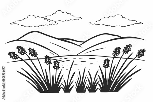 Minimilist illustration of a scenic landscape with mountains water flowers and clouds in a black and white style vector