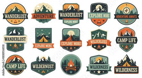Set of vintage outdoor adventure badges depicting majestic mountain wilderness, serene camp life, and nature exploration themes