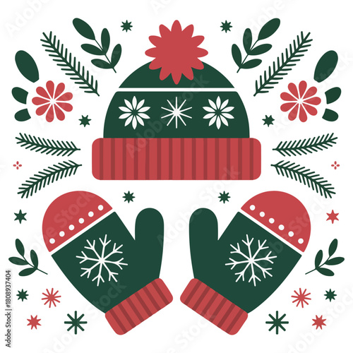Cozy winter accessories: Hat and mittens decorated with snowflakes and winter ornaments. A charming illustration that evokes the warmth and joy of the winter season. 