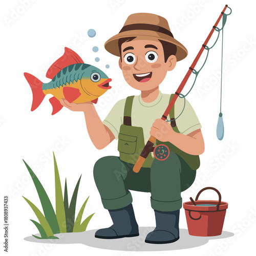 A man proudly shows off a large colorful fish he has caught, with fishing rod and accessories nearby. It captures the joy of fishing