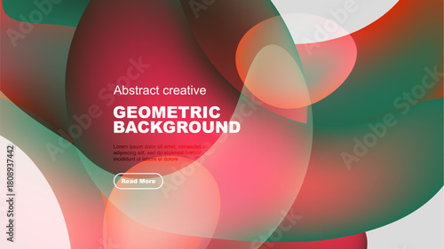 Abstract geometric background features overlapping colorful shapes. Text present includes sample content, button. Dark backdrop enhances vibrant hues.