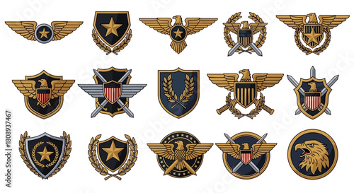 A comprehensive collection of military and aviation inspired heraldic emblems, badges, and insignia vector icons
