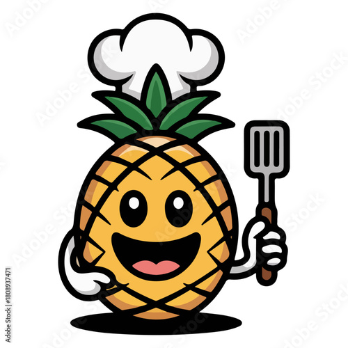 A cute pineapple chef illustration holding a spatula and wearing a chef hat. This adorable fruit is ready to cook!