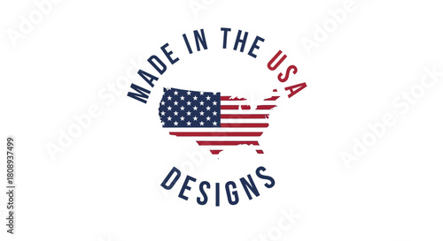 Symbolic American Flag Map Design with 'Made in the USA Designs' Text for Product Labeling and Branding Representing Quality and Patriotism