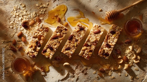 Homemade granola energy bars with oats, nuts, dried fruits, and honey on rustic background with natural ingredients scattered around