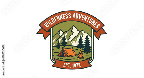 Wilderness Adventures Logo with Mountains and Camping Scene