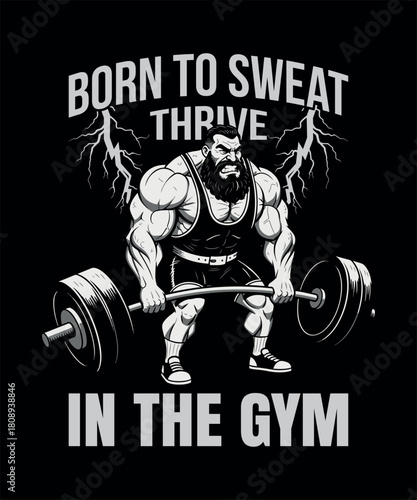 Muscular powerlifting gym t shirt design template with strong fitness artwork
